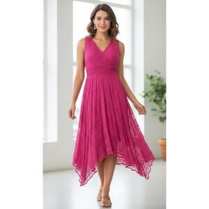 Stunning Fuschia/Pink Lace Smocked Waist Hanky Hem Midi Dress